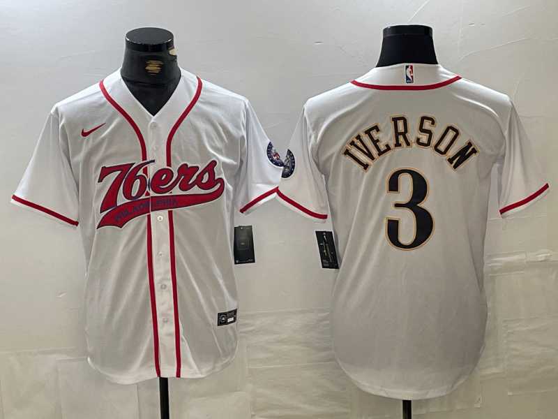 Men%27s Philadelphia 76ers #3 Allen Iverson White With Patch Cool Base Stitched Baseball Jersey